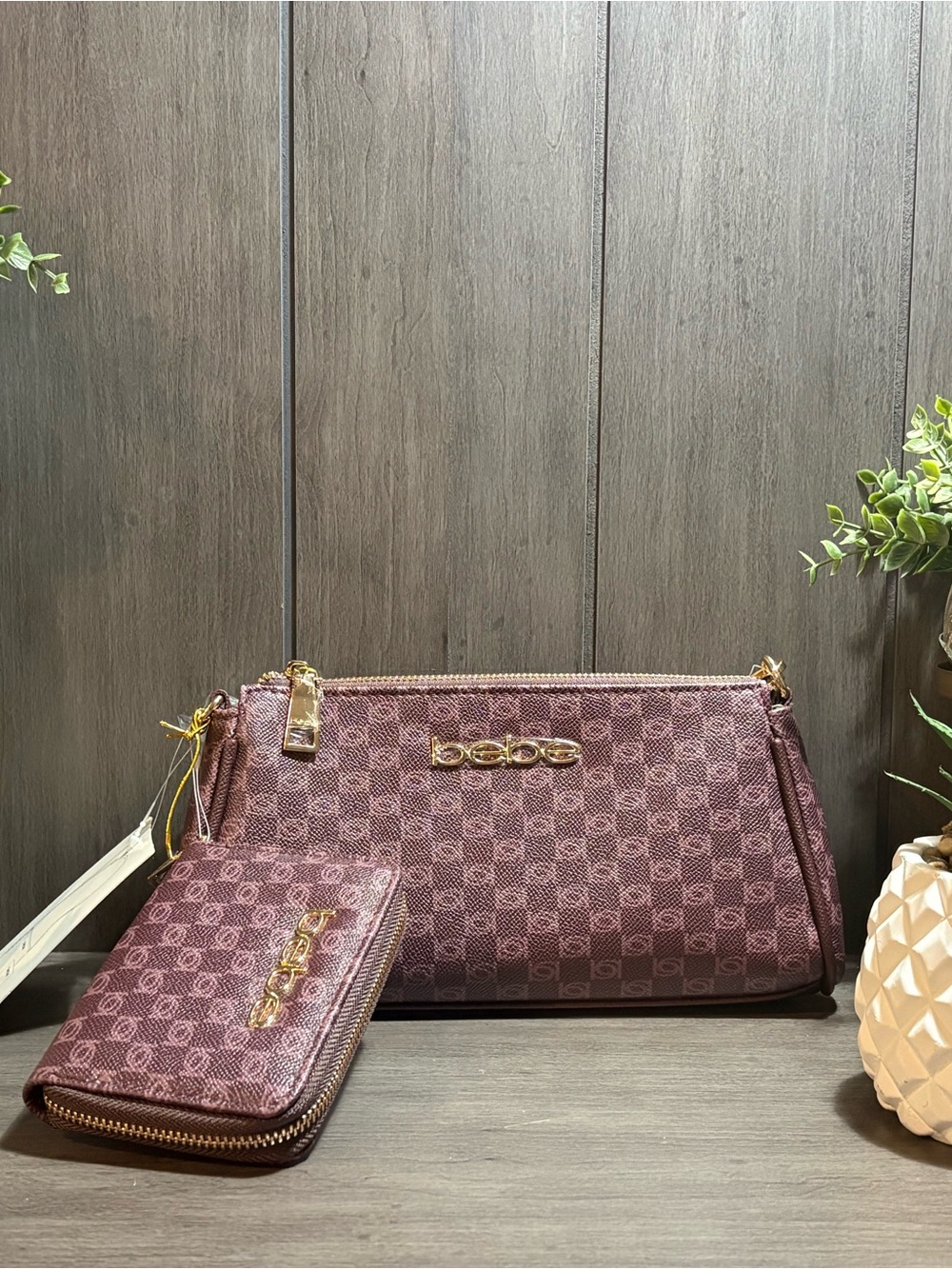 bebe Mauve Signature Monogram Clutch with Zip Wallet